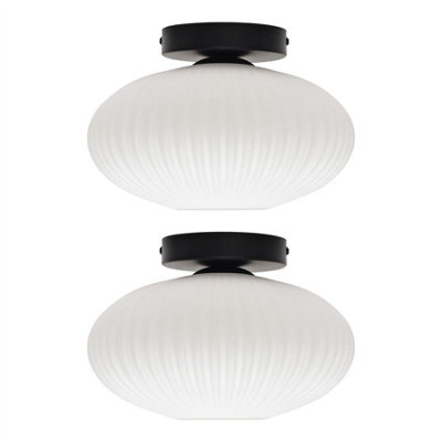First Choice Lighting Set Of 2 Baton - White Ribbed Oval Glass Black Ceiling Lights - image 1