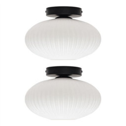 First Choice Lighting Set Of 2 Baton - White Ribbed Oval Glass Black Ceiling Lights - thumbnail 1