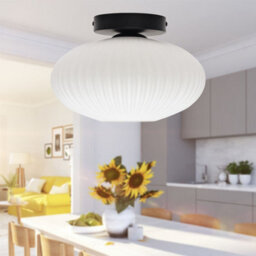 First Choice Lighting Set Of 2 Baton - White Ribbed Oval Glass Black Ceiling Lights - thumbnail 5