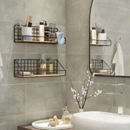 2Pc Black Floating Shelves Wall Mounted Wire Metal Wood Storage Shelf Large Rack - thumbnail 1