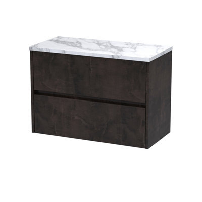 Nuie Havana Wall Hung 2-Drawer Vanity Unit & Worktop In Carrera Marble, Countertop Basin Unit In Metallic Slate, 800mm