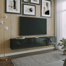 Heze Furniture Joyce Wall Mounted Tv Unit Modern Plain Gloss Finish 200Cm - Black Gloss - thumbnail 1