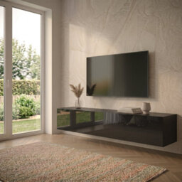 Heze Furniture Joyce Wall Mounted Tv Unit Modern Plain Gloss Finish 200Cm - Black Gloss - thumbnail 2
