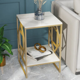 Fativo 58Cmh Sintered Stone Marble Coffee Side End Table With Golden Frame Nightstand Storage Living Room, White - thumbnail 4