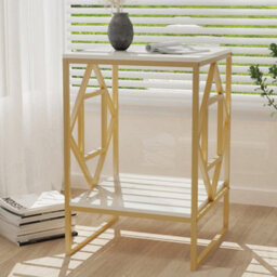 Fativo 58Cmh Sintered Stone Marble Coffee Side End Table With Golden Frame Nightstand Storage Living Room, White