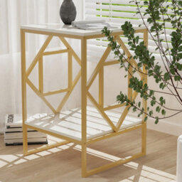 Fativo 58Cmh Sintered Stone Marble Coffee Side End Table With Golden Frame Nightstand Storage Living Room, White - thumbnail 5
