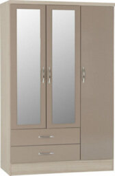 Seconique Nevada 3 Door 2 Drawer Mirrored Wardrobe Oyster Gloss Light Oak Effect Veneer - thumbnail 1