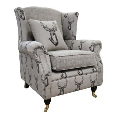 Fabric Wing Chair Fireside High Back Armchair Deer Print Charcoal Brown - image 1