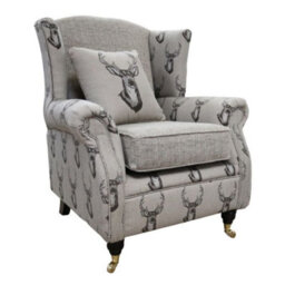 Fabric Wing Chair Fireside High Back Armchair Deer Print Charcoal Brown - thumbnail 1