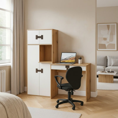 Index 11 Desk  Modern Laminated Office Desk Artisan Oak And White Gloss With Cabinets And Handles - image 1