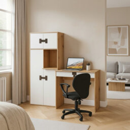 Index 11 Desk  Modern Laminated Office Desk Artisan Oak And White Gloss With Cabinets And Handles