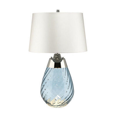 Stylish Blue Tinted Glass Table Lamp With Off-White Shade And Led Bulb
