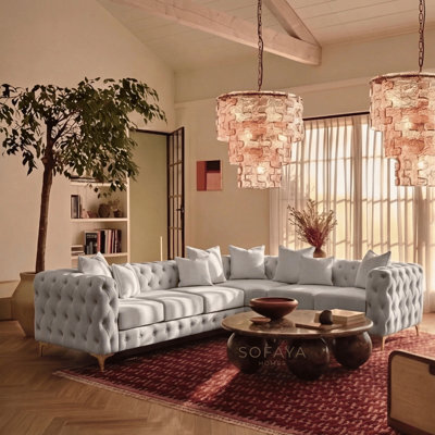 Sofaya Monaco Chesterfield 6 Seater Chaise Sofa Light Grey Velvet L Shaped Corner- Right Hand Deep Buttoned Upholstery Couch Lounge - image 1