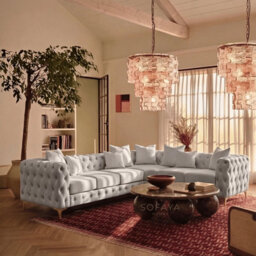 Sofaya Monaco Chesterfield 6 Seater Chaise Sofa Light Grey Velvet L Shaped Corner- Right Hand Deep Buttoned Upholstery Couch Lounge - thumbnail 1