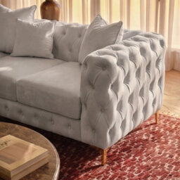 Sofaya Monaco Chesterfield 6 Seater Chaise Sofa Light Grey Velvet L Shaped Corner- Right Hand Deep Buttoned Upholstery Couch Lounge - thumbnail 2