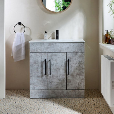 Homestylestore 810mm Concrete Grey Floorstanding Bathroom Vanity Unit And Black T Bar Handle - image 1