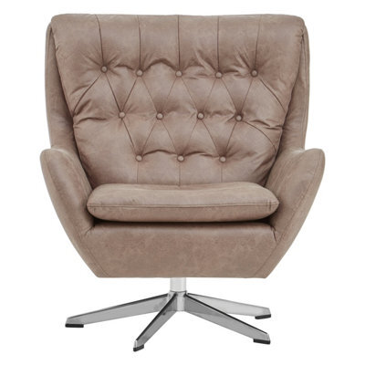 Orsina Faux Brown Leather Armchair With Swivel Base,accent Chair With Button Tufted Backrest,metallic Reading Seat - image 1