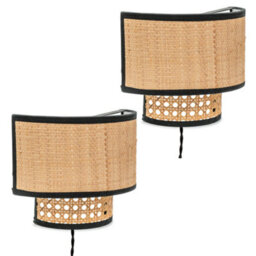 Valuelights Grant Pair Of - Plug In Natural Rattan Wicker Cane Easy Fit Wall Lights