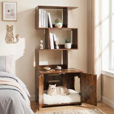 Brown 141 Cm Tall Hidden Cat Washroom Furniture With 3 Open Shelves Side Entry - image 1