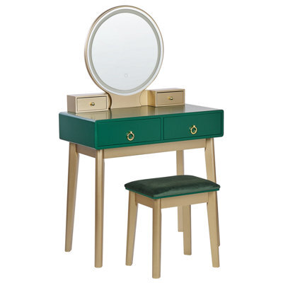 Beliani Dressing Table With Mirror And Stool Fedry Led Emerald Green - image 1