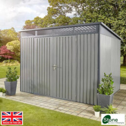 Stone Garden 10X8Ft Large Steel Shed In Grey, 12,800L Capacity, Double Doors, Shelves, Tool Hangers, Lock & Ventilation