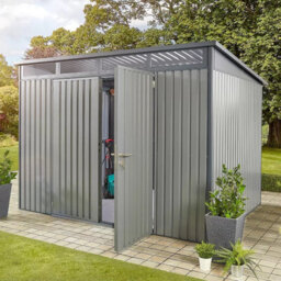 Stone Garden 10X8Ft Large Steel Shed In Grey, 12,800L Capacity, Double Doors, Shelves, Tool Hangers, Lock & Ventilation - thumbnail 7