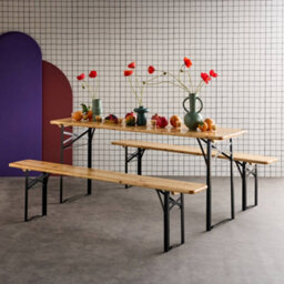 Sweeek - Folding Reception Table Made Of Fir Wood With 2 Benches (Set Of 2), Bayonne, Natural, 177X49.5X75.5 Cm - thumbnail 4