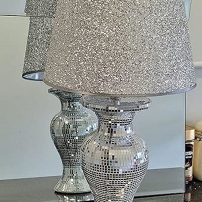 Biznest Crushed Diamond Table Lamp Box Mirror Base Mirrored Crystal Tall Silver Shade Glitz
