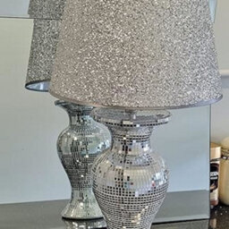 Biznest Crushed Diamond Table Lamp Box Mirror Base Mirrored Crystal Tall Silver Shade Glitz