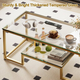 Huhote Stylish 2 Tier Coffee Table With Gold Metal Frame And Glass Top 39.3 X 18.8 X 17.7 In For Living Room Bedroom Office - thumbnail 9