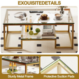 Huhote Stylish 2 Tier Coffee Table With Gold Metal Frame And Glass Top 39.3 X 18.8 X 17.7 In For Living Room Bedroom Office - thumbnail 8