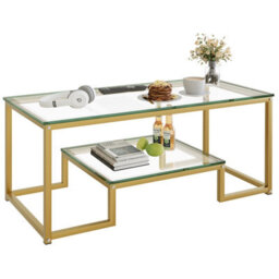 Huhote Stylish 2 Tier Coffee Table With Gold Metal Frame And Glass Top 39.3 X 18.8 X 17.7 In For Living Room Bedroom Office