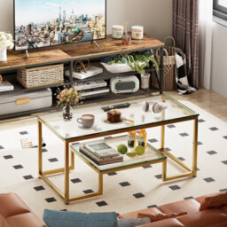 Huhote Stylish 2 Tier Coffee Table With Gold Metal Frame And Glass Top 39.3 X 18.8 X 17.7 In For Living Room Bedroom Office - thumbnail 4