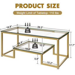 Huhote Stylish 2 Tier Coffee Table With Gold Metal Frame And Glass Top 39.3 X 18.8 X 17.7 In For Living Room Bedroom Office - thumbnail 2