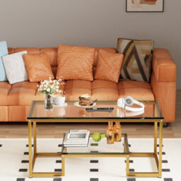 Huhote Stylish 2 Tier Coffee Table With Gold Metal Frame And Glass Top 39.3 X 18.8 X 17.7 In For Living Room Bedroom Office - thumbnail 6