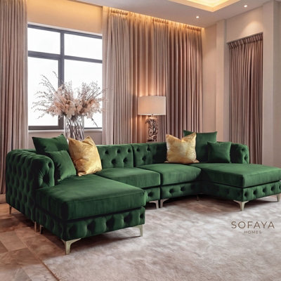 Monaco 4 Seater Chesterfield Chaise Sofa Green Velvet U Shaped Chaise- Deep Buttoned Cushions Upholstery Couch Lounge - image 1