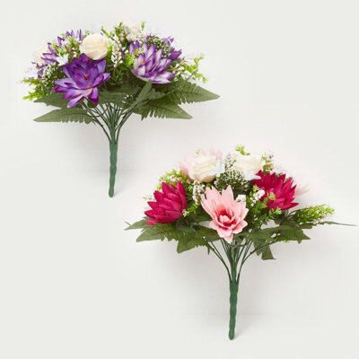 Homescapes Set Of 2 Artificial Pink & Purple Handcrafted Rose & Lotus Flower Bouquets, 35 X 30 Cm - image 1