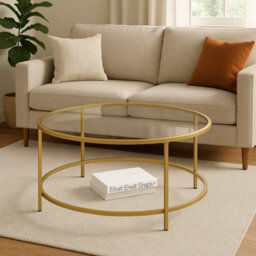 Modcraft Round Glass Coffee Table With Gold Metal Frame - Modern Living Room Centre Table