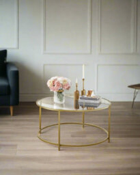 Modcraft Round Glass Coffee Table With Gold Metal Frame - Modern Living Room Centre Table - thumbnail 3