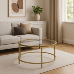 Modcraft Round Glass Coffee Table With Gold Metal Frame - Modern Living Room Centre Table - thumbnail 2