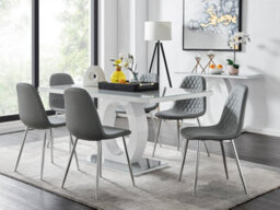 Furniturebox Giovani Rectangular 6 Seat White High Gloss Unique Halo Dining Table Grey Glass Top 6 Grey Faux Leather Silver Leg Corona Chairs
