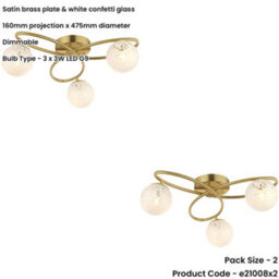 Loops 2 Pack Satin Brass Semi Flush Low Ceiling Light - White Confetti Multi Arm Glass - 3 X 3W Led G9 - thumbnail 2
