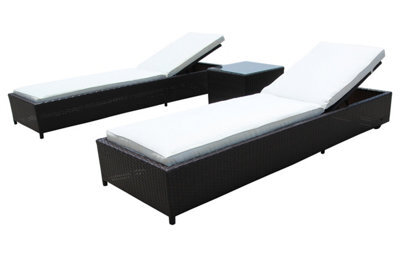 Patio Rattan Sun Lounger Chaise Garden Pool Wicker Recliner 3Pcs Recliner Set With Glass Coffee Table  - Brown With Beige  Cushion - image 1