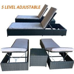 Patio Rattan Sun Lounger Chaise Garden Pool Wicker Recliner 3Pcs Recliner Set With Glass Coffee Table  - Brown With Beige  Cushion - thumbnail 8