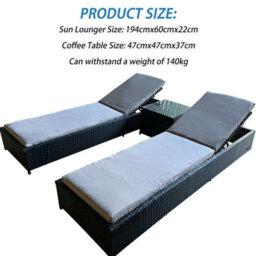 Patio Rattan Sun Lounger Chaise Garden Pool Wicker Recliner 3Pcs Recliner Set With Glass Coffee Table  - Brown With Beige  Cushion - thumbnail 9