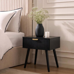 Ohs Ribbed Wood Bedside Table 1 Drawer Cabinet Nightstand Storage Unit - Black - thumbnail 1