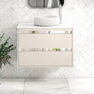 Royal Bathrooms Orion 800mm Warm Taupe Wall Hung Plain White Countertop Vanity Unit 2 Drawer With Milan Basin & Chrome Accent Trim - image 1