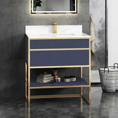 Royal Bathrooms Vienna 750mm Navy Blue Freestanding Bathroom Cabinet Vanity Unit With Brushed Brass Frame & Carrara White Top - image 1