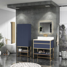 Royal Bathrooms Vienna 750mm Navy Blue Freestanding Bathroom Cabinet Vanity Unit With Brushed Brass Frame & Carrara White Top - thumbnail 3