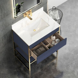 Royal Bathrooms Vienna 750mm Navy Blue Freestanding Bathroom Cabinet Vanity Unit With Brushed Brass Frame & Carrara White Top - thumbnail 5